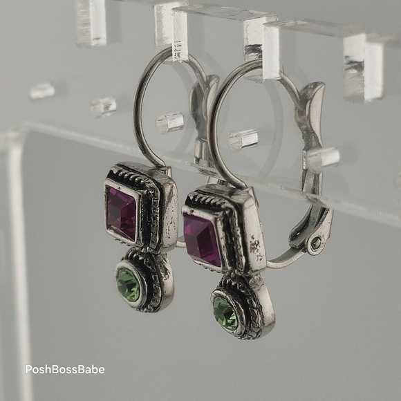 Vintage Silver-Toned Purple & Green Gemstone Drop Earrings - Picture 3 of 5